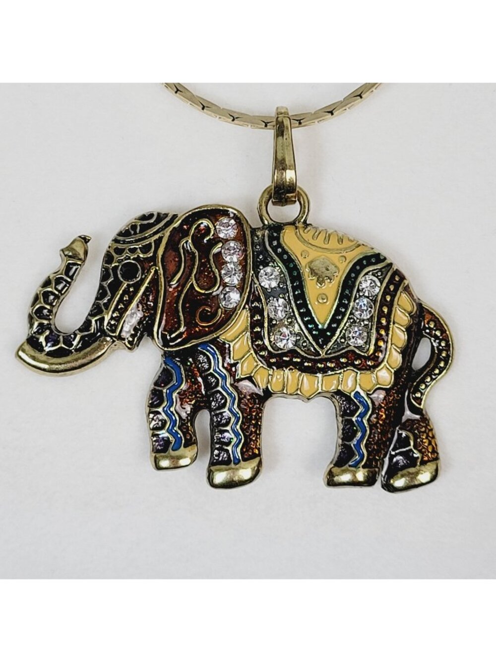 Asian Middle Eastern Inspired Elephant Pendant On a Gold Tone Vintage Chain 24"